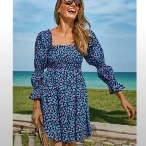 Lilly Pulitzer Beyonca Smocked Babydoll Dress Size M Seabreeze Blue Low Tide - Picture 1 of 12